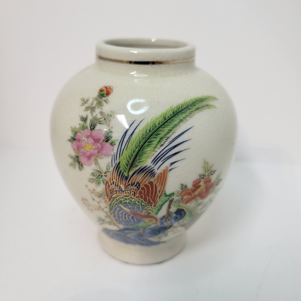 Vintage Japanese Moriage Style Vase Floral Bird Design Gold Trim‎ Crackle Glaze